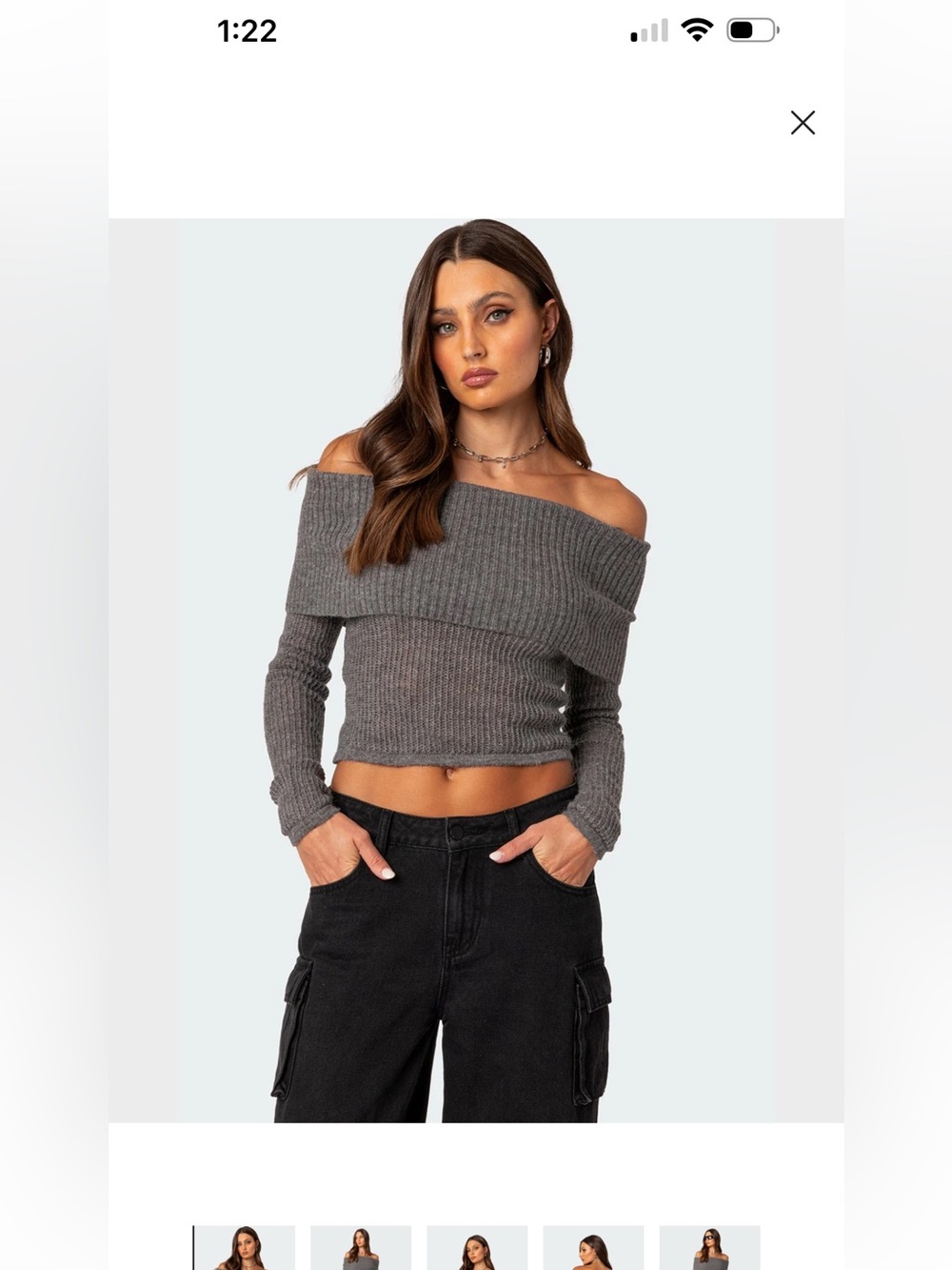 Edikted Off-Shoulder Ribbed Crop Sweater in Gray